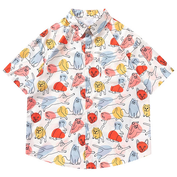 قميص رجالي  بأكمام قصيرة وأزرار قمصان هيب هوب كبيرة الحجم برسومات قطط كرتونية