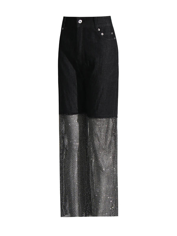 بنطلون نسائي مصنوع من قماش شبكي مقسم بخصر عالٍ