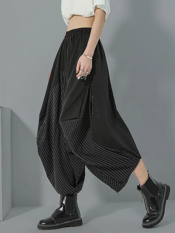 سروال نسائي عالي المرونة بخصر أسود غير منتظم مخطط ، بنطلون فضفاض