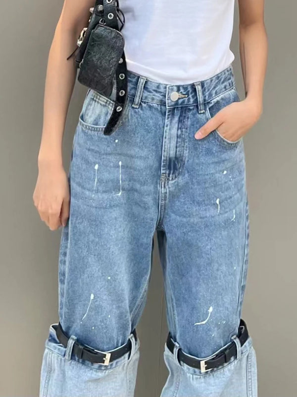 بنطلون نسائي جينز بحزام مرقع بألوان رائعة للنساء بخصر عالٍ وجيب مقسم