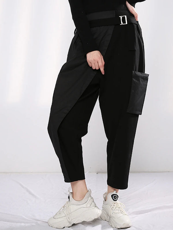 سروال نسائي أسود طويل بخصر مرن عالي ، بنطلون فضفاض ، بنطلون بجيوب ترفيهية