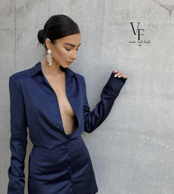 فستان قصير مثير من الساتان  طويل الأكمام عالي الخصر أنيقة